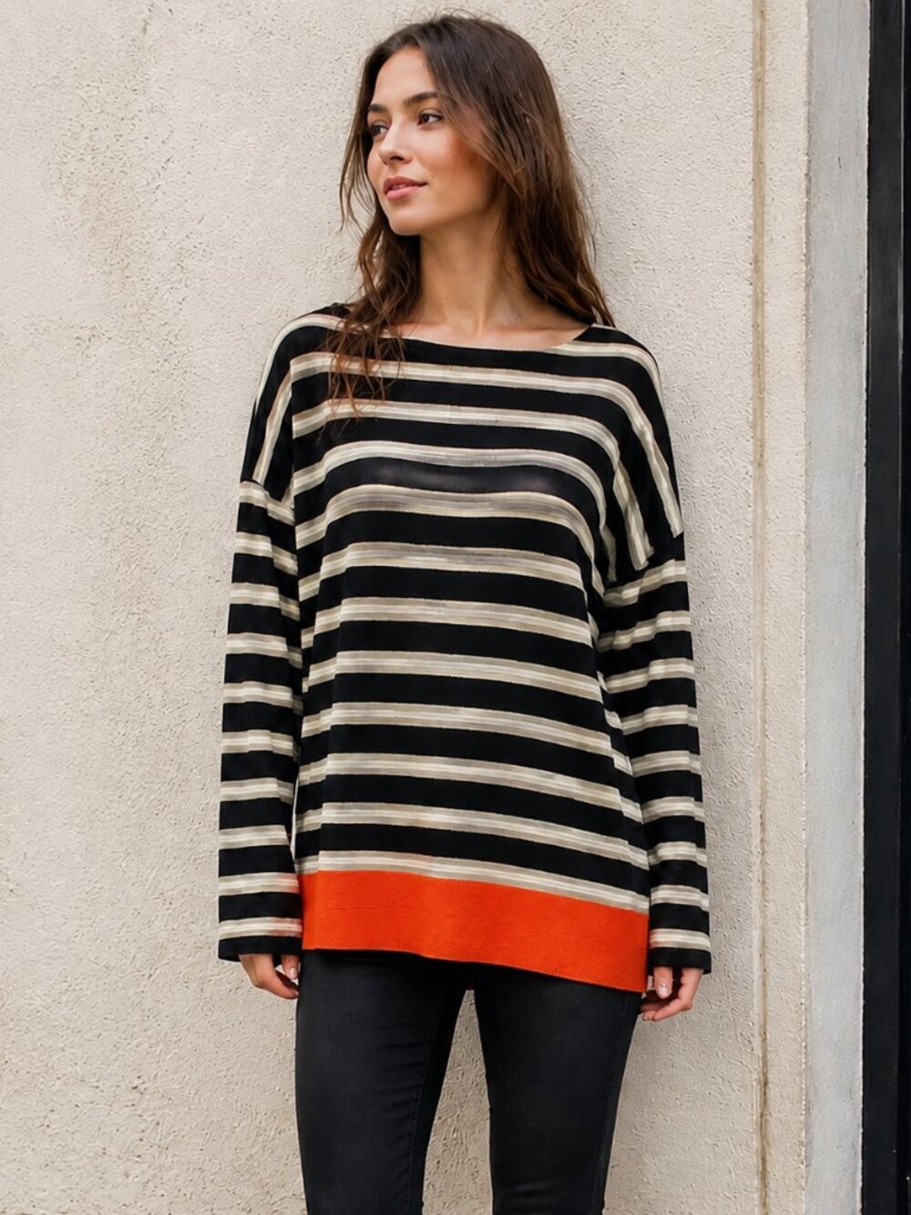 Lou & Grey Women's Black White Tan Orange Striped Long Sleeve Sweater Top Size L